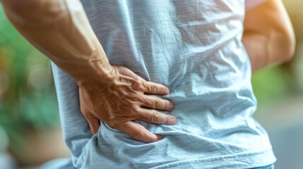 Closeup of a man's hand holding his back in pain, fingers touching the lower waist or hip area.
