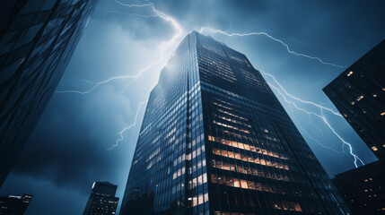 A tall building with a lightning bolt in the sky