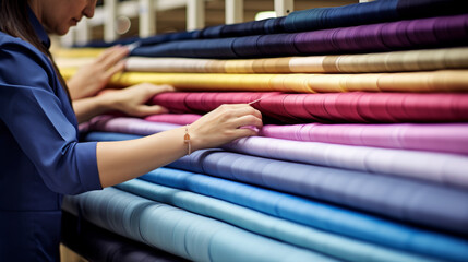 A woman is looking at a pile of colorful fabric