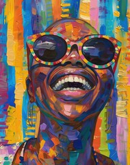 happy african american woman wearing sunglasses and smiling against a colorful abstract background, portrait painting