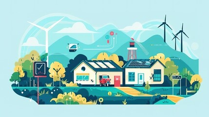 A digital illustration of a house in the countryside. The house has solar panels on the roof and there is a wind turbine in the background. A flying car is approaching the house.