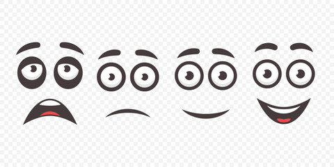 Vector Cartoon Faces Illustrations. Expressive Eyes and Mouth. Funny and Cute Character Face Expressions, Icon Set. Caricature Comic Emotions Closeup Isolated