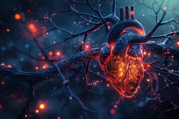 concept of human heart with veins and fractal tree branches, fantasy, fantasy background, dark blue  - Powered by Adobe