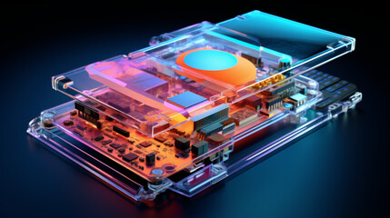 A computer chip is shown in a clear case with a blue background