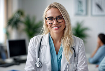 smiling white doctor in a white coat and glasses 