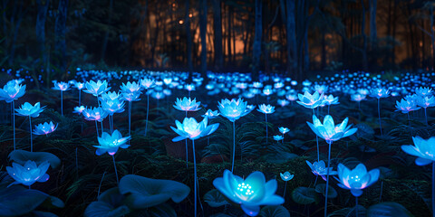 Magical Night Bloom: Glowing Flowers in a Mystical Field | Enchanted Garden: Illuminated Blossoms Under the Moonlight

