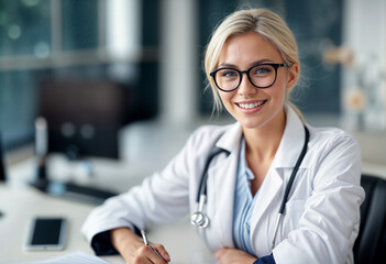 smiling white doctor in a white coat and glasses 