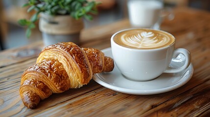 Croissant and white coffee cup
