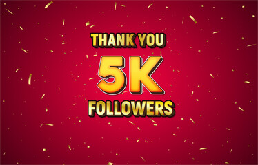 Golden 5K isolated on red background with golden confetti, Thank you followers peoples, 5K online social group,6K
