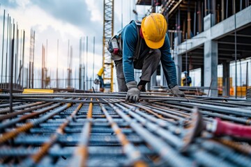 Worker laying rebar at construction site
