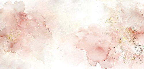 Serene watercolor with blush, ivory, and subtle gold on wide canvas.