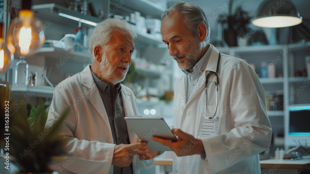 Aufkleber elderly male scientists in lab coats discussing data on a tablet inside a modern laboratory setting.