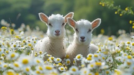 Fototapeta premium Two baby goats playing in a field of flowers.