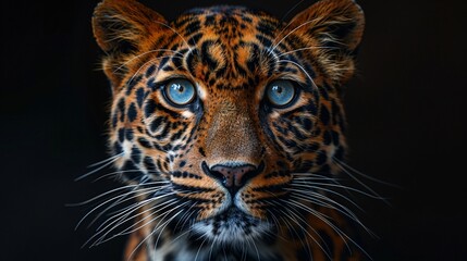 Close-up portrait of a majestic leopard, showcasing its striking rosette-patterned fur, piercing golden eyes, and powerful, muscular build.
