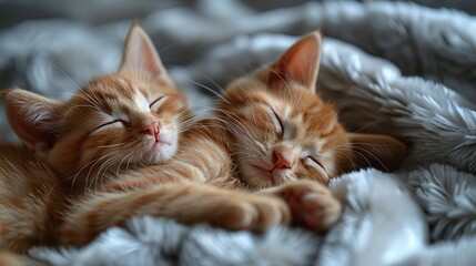 Cute red kitten sleeping on a white fur blanket.