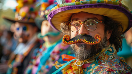 Obraz premium Man in a colorful festival costume and decorative mustache smiling during a cultural parade.