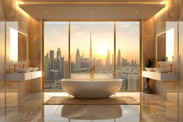High end luxury bathroom interior design with large window view of Dubai city skyline at sunset,...