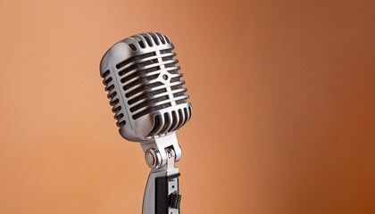 Vintage chrome microphone on a stand against a solid orange background.