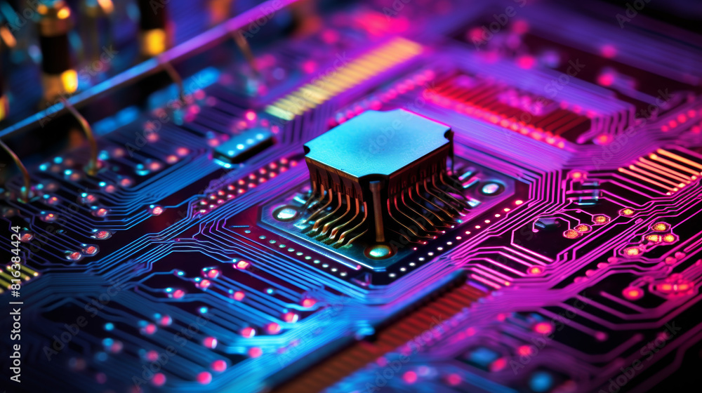 Poster a computer chip is shown on a colorful circuit board