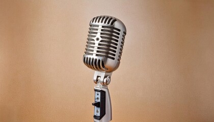Fototapeta premium Vintage chrome microphone on a stand against a solid orange background.