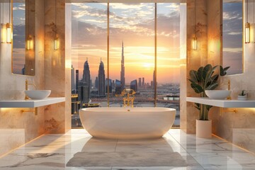 High end luxury bathroom interior design with large window view of Dubai city skyline at sunset, beige marble floor and wall tiles, freestanding 