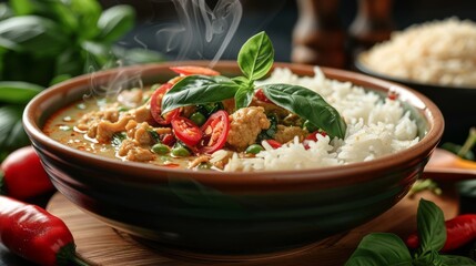 Seaming bowl of Thai green curry with chicken, vegetables, and fragrant jasmine rice.