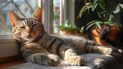 A ginger cat is relaxing in a sunny spot on a windowsill.