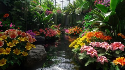 Fototapeta premium A beautiful indoor garden with a pond, surrounded by lush greenery and colorful flowers.