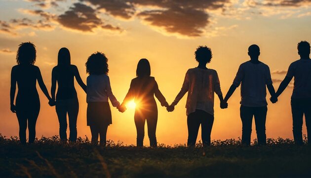 Group of people forming a human chain by holding hands against the backlit horizon, concept of solidarity and mutual assistance.