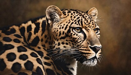 Close-up portrait of a majestic leopard, showcasing its striking rosette-patterned fur, piercing golden eyes, and powerful, muscular build.