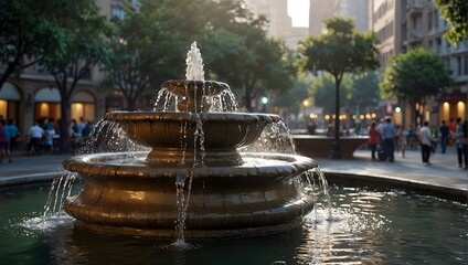 Feel the gentle mist of a cascading fountain, offering a moment of serenity amidst bustling city streets ai_generated