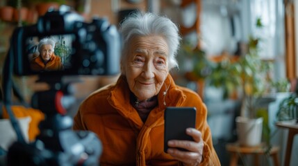 portrait of an elderly Caucasian woman 70 -79 years old sitting in front of the camera recording a blog. retired blogger gives an interview in front of the camera