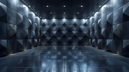 Captivating Dark Geometric Space with Sleek 3D Wall Design and Prismatic Faceted Textures in Stark Contrasting Theatrical Lighting