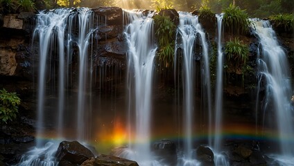 The ethereal dance of misty droplets rising from a cascading waterfall, catching the sunlight in a prism of colors ai_generated