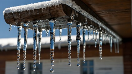 The glistening elegance of icicles formed by frozen water droplets clinging to the edge of a roof ai_generated