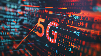 Abstract 5G network concept with glowing red digits, symbolizing high-speed digital connectivity