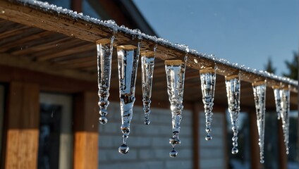 The glistening elegance of icicles formed by frozen water droplets clinging to the edge of a roof ai_generated