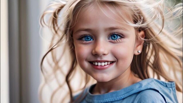 Garotinha caucasiana, olhos azuis, sorrindo