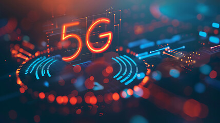 Bright, dynamic 5G symbol amidst colorful, futuristic digital particles