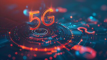 Bright, dynamic 5G symbol amidst colorful, futuristic digital particles