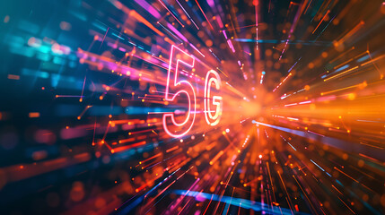 Bright, dynamic 5G symbol amidst colorful, futuristic digital particles