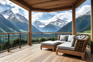Obraz premium Wood balcony with mountain view 3d rendering image. There are wood floor.Furnished with fabric and wooden furniture. There are wooden railing overlooking the surrounding nature and mountain