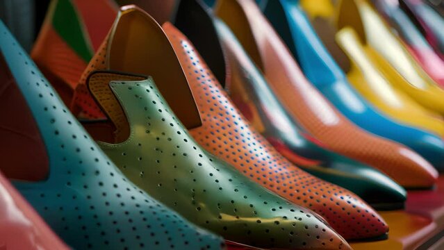 A row of statement shoes each one a work of art with unique shapes and bold colors pique the interest of any fashion lover.
