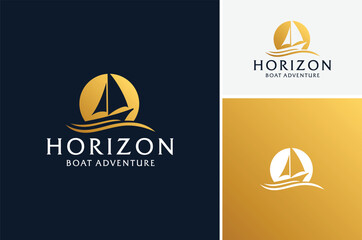 Golden Moon or Sun Sunset with Sail Boat Ship Vessel and sea wave for Ocean Sailing Adventure Travel Trip Transportation logo design