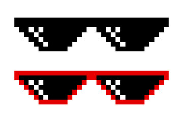 Pixelated Sunglasses Set. Pixel Boss Glasses, 8 bit Style. Meme Game 8-bit Sunglasses Design Template, Isolated