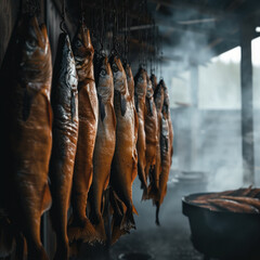 Immerse yourself in the process of smoke-curing fish in a vintage smokehouse. Witness the fusion of tradition and technology with Generative AI