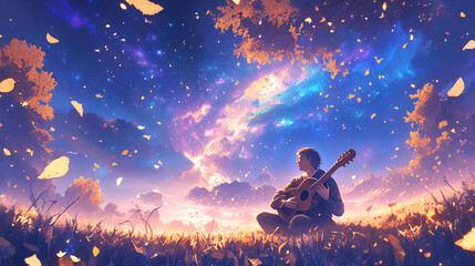 A young man plays the guitar on top of grass