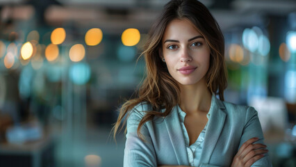 Obraz premium Ambitious Young Female Entrepreneur in Modern Office, Leading Business Innovation and Corporate Success