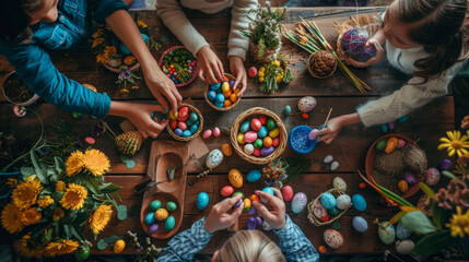 Family engaging in the festive activity of coloring Easter eggs together at a wooden table, surrounded by spring decorations.