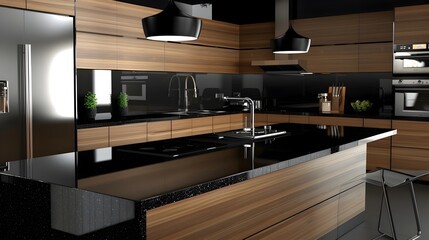 Sleek and Modern Kitchen with Granite Countertops,Stainless Steel Appliances,and Minimalist Cabinetry Design